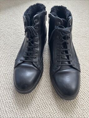 Boss Black 100% Lambskin Leather Lace-Up Boots with Shearling Collar & Real Fur